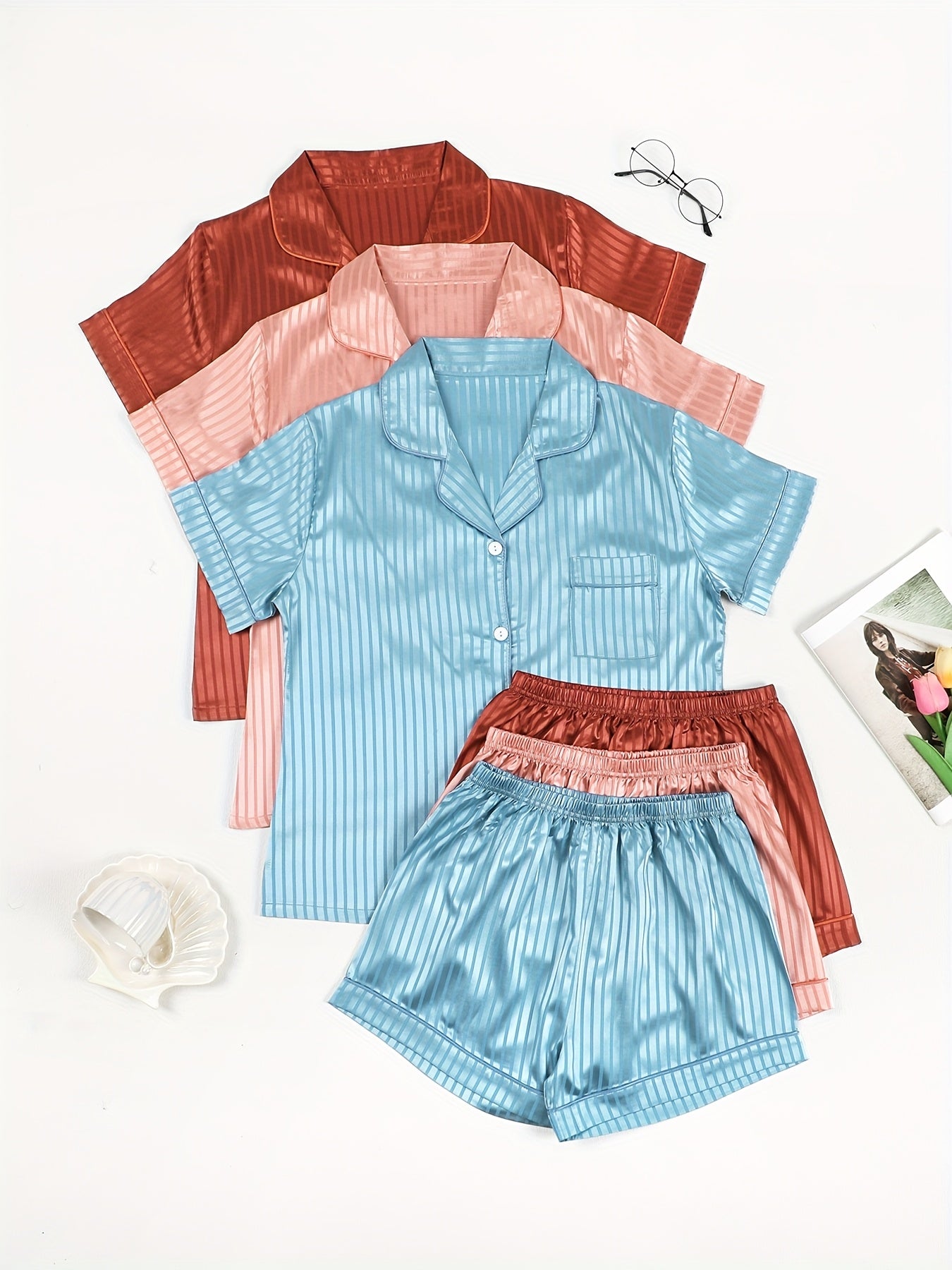 3pcs Women's Exclusive Pajama Set with Female Buttoned Turnover Collar, Open Cardigan, Pocket Stripes and Contrast Color Short Sleeves and Shorts for Elegant Comfortable Home Wear